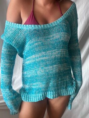 Roxy Aqua Marled Off-Shoulder Sweater